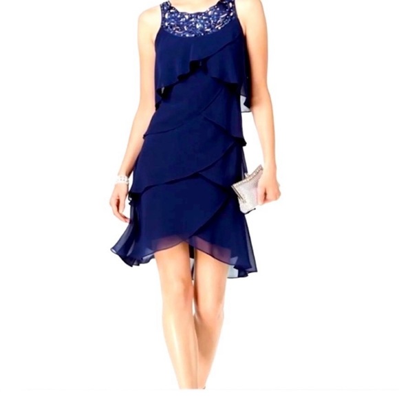 SLNY SL Fashion Beaded Tiered Chiffon Dress size 6 - Picture 1 of 9